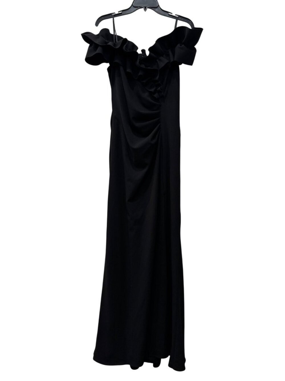 New XSCAPE Women's Size 10 Black Ruffle Off the Shoulder Ruched Gown - Picture 2 of 13